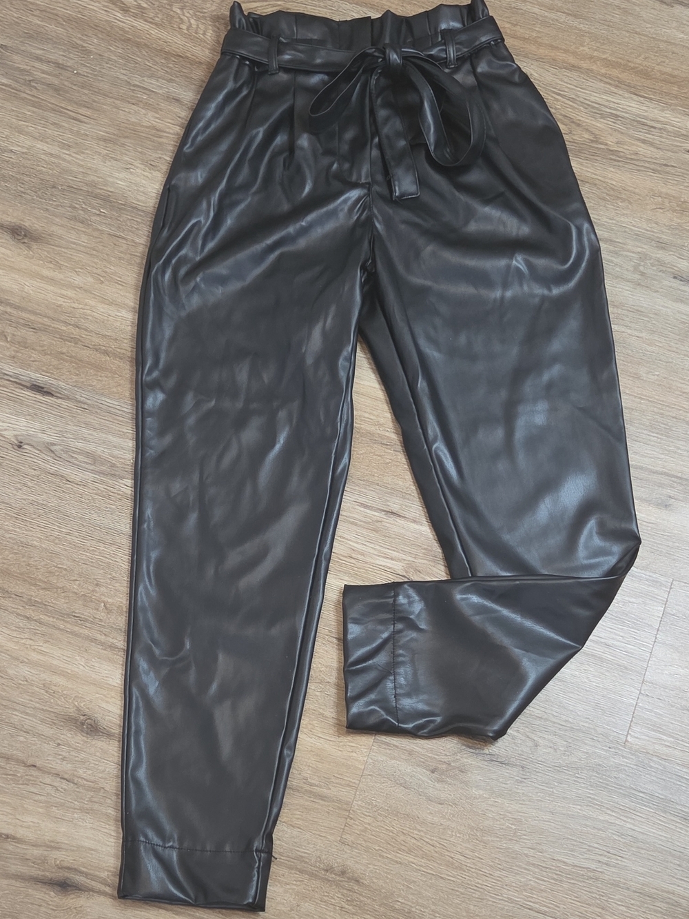 miami Black Faux Leather Paperbag-Waist Pants with Tie